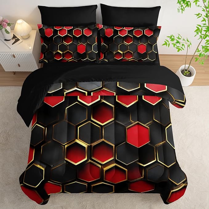 7 Piece Red and Black Comforter Set Queen Checkered，Queen Size Checkered Bedding Set，(1 Comforter, 1 Flat Sheet, 1 Fitted Sheet, 2 Pillowcase and 2 Pillow Sham)