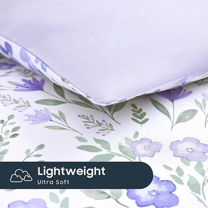 Wake In Cloud - Floral Comforter Set, Farmhouse Cottagecore Style with Romantic Garden Wildflowers and Leaves Pattern, Soft Lightweight Bedding, 3 Pieces, Purple White, Full Size