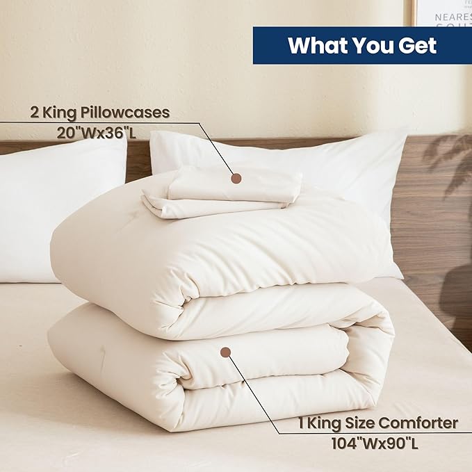 Paxrac Beige Comforter Set King Size, Cream 3 Pieces Comforter Set, Lightweight Solid Neutral Bedding Set, All Seasons Soft Breathable Boho King Comforter Set (104x90In Comforter & 2 Pillowcases)