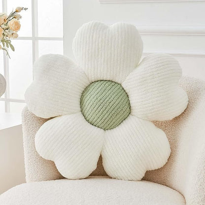 Flower Throw Pillow, Cute Flower Shaped Pillow Decorative Throw Pillow for Bed Couch, Soft Daisy Pillows Floor Seating Cushion Cushions (14.9 Inch White+Green)