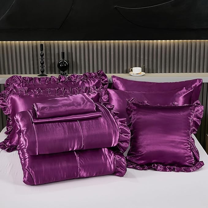 Silk Like Satin Comforter Set with Sheet Set King 8 Pcs Purple Satin Bedding Set Silky Ruffle Pattern Home Deocr Luxury Hotel Silky Bed in a Bag with 1 Cushion Cover