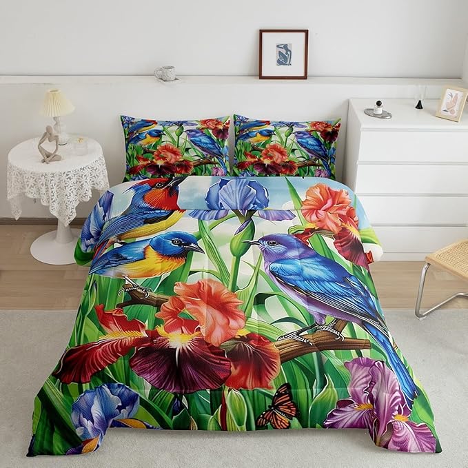 Erosebridal Floral Hummingbird Comforter Set King,Rustic Farmhouse Flowers Bedding Set Retro Watercolor Colorful Irises Bed Comforter Set for Kids Adults,Country Garden Style Quilt Duvet