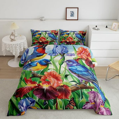 Erosebridal Floral Hummingbird Comforter Set Twin,Rustic Farmhouse Flowers Bedding Set Retro Watercolor Colorful Irises Bed Comforter Set for Kids Adults,Country Garden Style Quilt Duvet