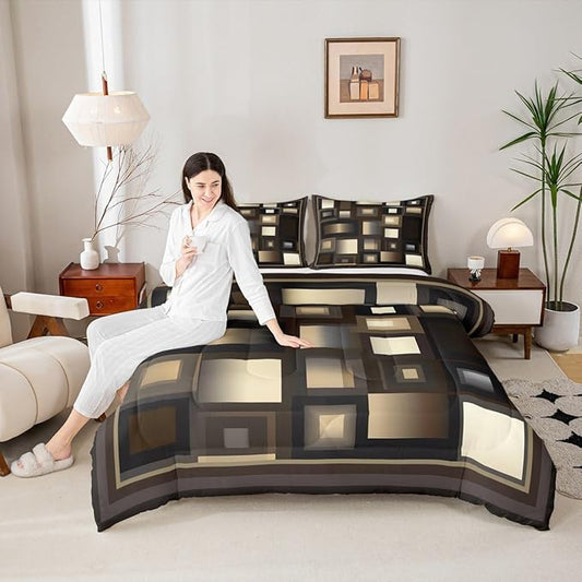 Castle Fairy Modern Comforter Set Queen Size,Brown White Khaki Square Bedding Set for Kids Boys Girls Bedroom Decoration,Abstract Grid Art Bed Duvet Insert,Geometric Comforter with 2 Pillowcase