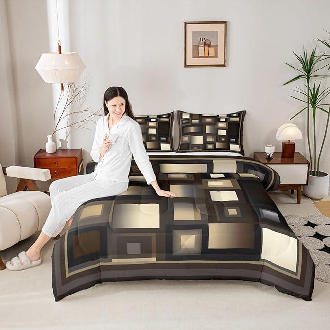 Grid Square King Size Comforter Set,Kids Brown White and Khaki Decor All Season Bedding Set,Teens Abstract Geometric Comforter,Girls Modern Simple Decor Quilt Set Bedroom Collection 3Pcs