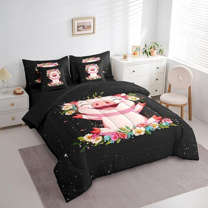 Erosebridal Pink Pig 7 Piece Comforter Set for Girls Kawaii Room Decor Queen,Rose Floral Leaf Bed in a Bag with Flat Sheet and Fitted Sheet,Cute Farm Animal Cartoon Bedding Set with Pillowcase & Sham