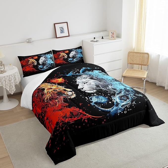 Manfei Exotic Lions Comforter Queen for Kids Adults Youth,Fire Water Animals Boho Style Quilt Comforter Room DecorGothic Animals Fighting Yin Yang Quilted Duvet Duvet Insert,2 Pillowcases