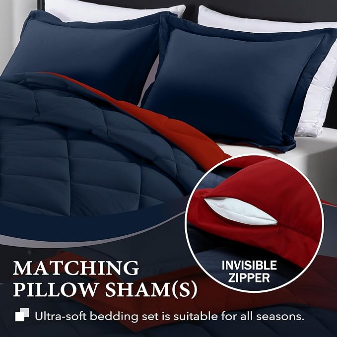 downluxe California King Comforter Set - Red and Navy Cal King Comforter Set, Soft Bedding Sets for All Seasons - 3 Pieces - 1 Comforter (104"x96") and 2 Pillow Shams(20"x36")
