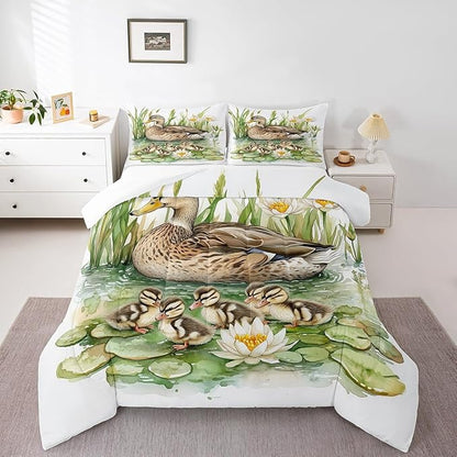 Duck Family Twin Size Comforter Sets for Boys Girls,Watercolor Pond Flowers Leaves Bedding Sets Youth Men Bedroom Decor,Wild Duck Cute Birds 2 Pieces Quilt Set,Farmhouse Style Duvet Insert