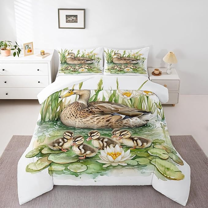 Duck Family Full Size Comforter Sets for Boys Girls,Watercolor Pond Flowers Leaves Bedding Sets Youth Men Bedroom Decor,Wild Duck Cute Birds 3 Pieces Quilt Set,Farmhouse Style Duvet Insert