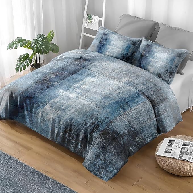Comforter Set Queen Size, Navy Indigo Blue 3 Pcs Soft Bedding Set for Kids and Adults, Contemporary Abstract Gray Comforter Set with 2 Pillowcases, for Bedroom Bed Decor