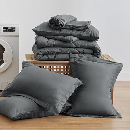 Love's cabin Queen Comforter Set Dark Grey, 7 Pieces Queen Bed in a Bag, All Season Bedding Sets with 1 Comforter, 1 Flat Sheet, 1 Fitted Sheet, 2 Pillowcase and 2 Pillow Sham