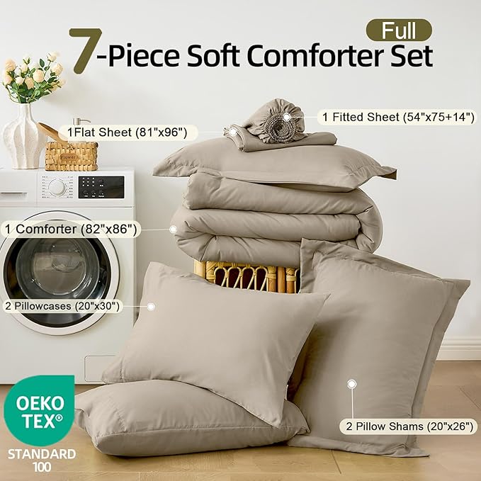 FUANNA Full Size Comforter Sets Oatmeal, 7 Pieces Soft Bed in a Bag Full, All Season Lightweight Bed Sets with Comforter, Flat Sheet, Fitted Sheet, Pillowcases & Shams