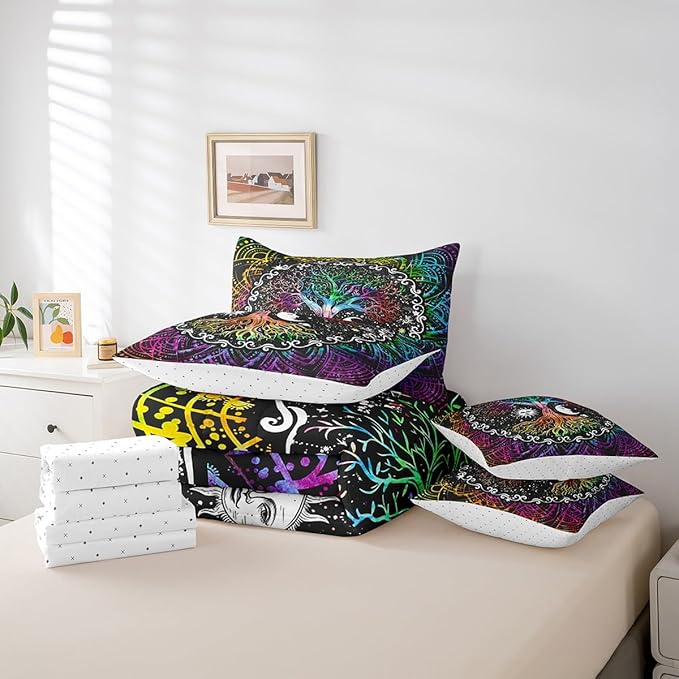 Erosebridal 7 Pcs Tree of Life Comforter Set Queen Size,Sun and Moon Bed in a Bag with Flat Fitted Sheet for Kids and Adults,Boho Mandala Flower Galaxy Bedding Set with Pillowcases and Cushion Cases