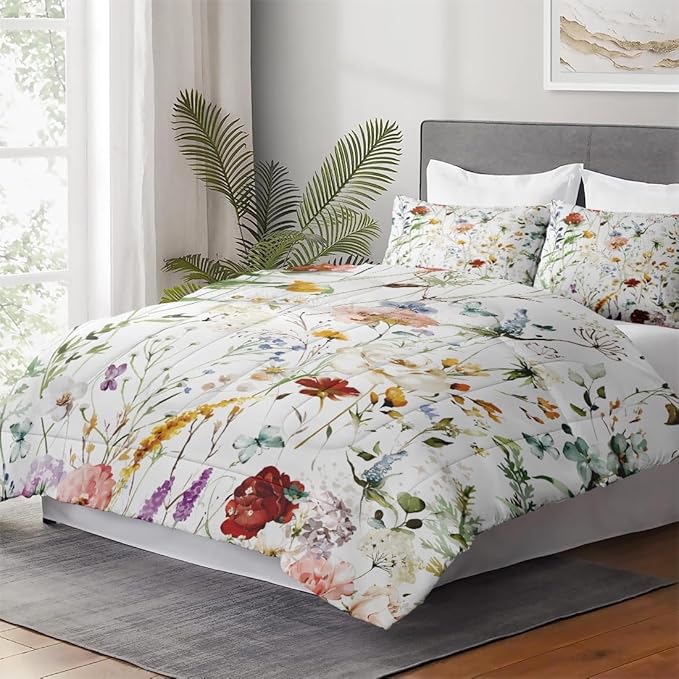 King Size Comforter Set with 2 Pillowcases, Wildflower Flower Floral 3 Pcs Bedding for Kids and Adults, Boho Watercolor Butterfly Soft Comforter Set for Bedroom Bed Decor