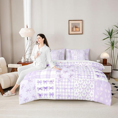 Feelyou Purple Bow Comforter Set with Sheets 7 Piece Twin Size Cute Bowknot Bedding Set for Kids Boys Girls Princess Bow Bed in a Bag Kawaii Room Decor Soft Lightweight Microfiber