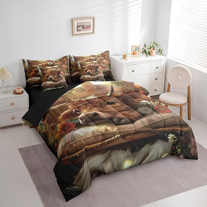 King Size Cute Highland Cow Bedding For Kids Funny Cow Calf Comforter Set Western Farm Animal With Daisy Flowers Comforter + Flat Sheet + Fitted Sheet + 2 Pillowcases + 2 Throw Pillow Covers