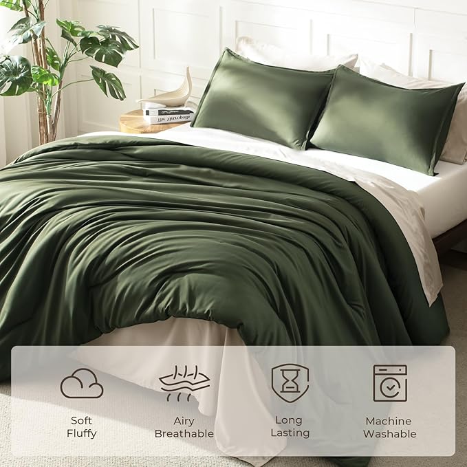 Litanika Comforters Olive Green Oversized King Size, 3 Pieces Lightweight Solid Bedding Comforter Set, All Season Fluffy Bed Set (120x98In Comforter & 2 Pillowcases)