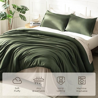 Litanika Dark Olive Green Comforter Set King, 3 Pieces Solid Bedding Comforter Set, All Season Fluffy Bed Set (104x90In Comforter & 2 Pillowcases)