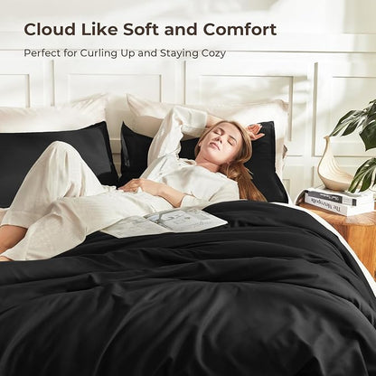 Litanika Comforters Black Oversized King Size, 3 Pieces Lightweight Solid Bedding Comforter Set, All Season Fluffy Bed Set (120x98In Comforter & 2 Pillowcases)