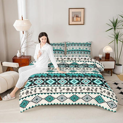 Manfei Aztec Geometric Kids Comforter Set Queen Size,Southwest Tribal Ethnic Bedding Set,Girls Boys Room Decor,Wolf Rustic Cabin Quilt Comforter,Beige Retro Duvet Set Bedroom Quilt Set,2 Pillowcases