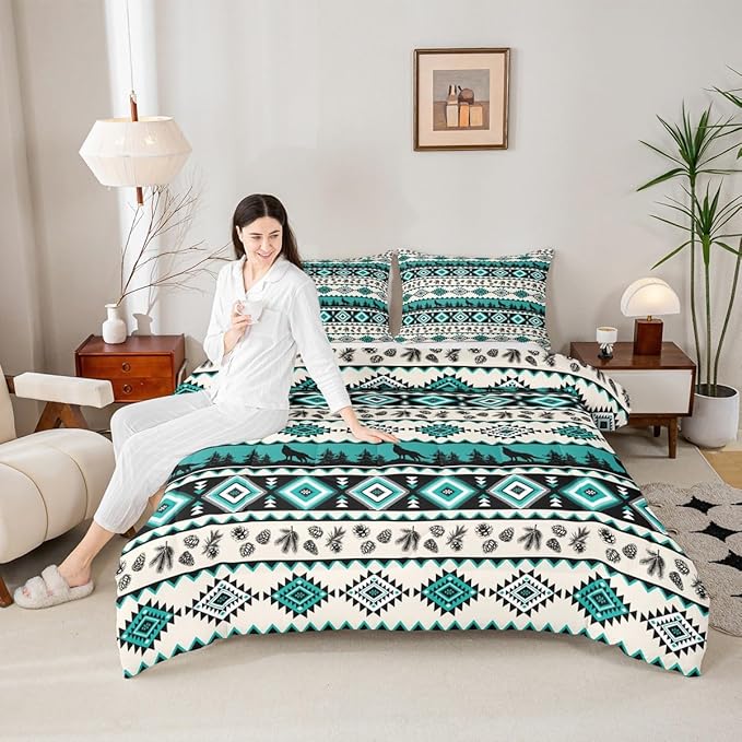 Manfei Aztec Geometric Girls Bedding Set Twin Size, Southwest Tribal Ethnic Comforter Set，Wolf Rustic Cabin Quilt Comforter for Boys Teens,Beige Retro Room Decor All Season,1 Pillowcase