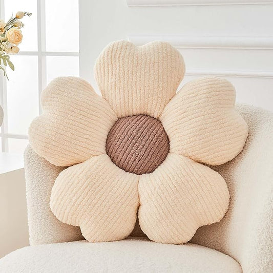 Flower Throw Pillow, Cute Flower Shaped Pillow Decorative Throw Pillow for Bed Couch, Soft Daisy Pillows Floor Seating Cushion Cushions (19.6 Inch Ivory+Brown)
