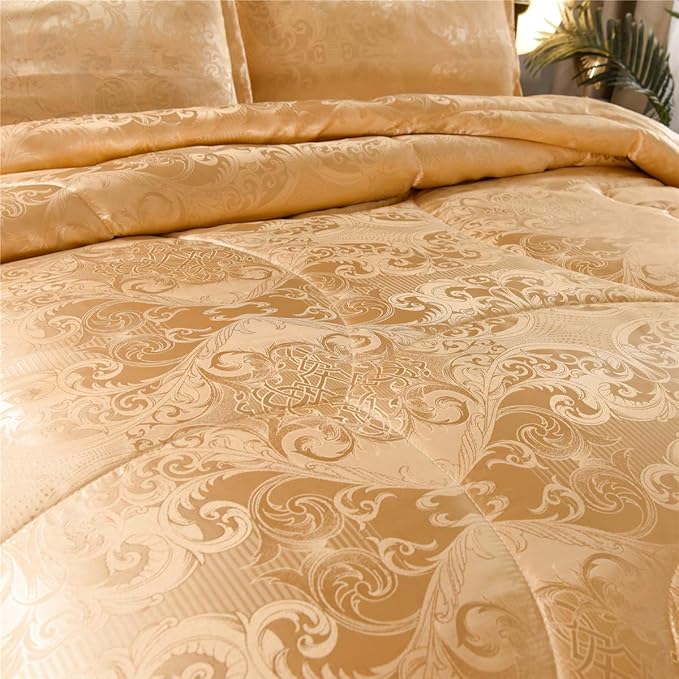 Queen Comforter Set- Luxury Gold Silk Bed Set All Season Lightweight Quilt Soft Microfiber Bedding comforters & Sets Matching 2 Pillow Shams (Full/Queen, 3 Pieces, 88-by-88 inches)