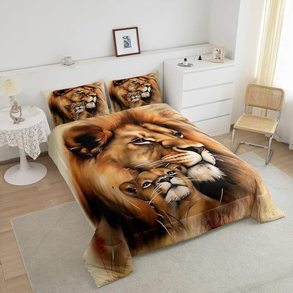 Erosebridal Lion Comforter Set, Brown Bedding Set Full Size, African Savannah Safari Wildlife Animals Down Comforter, Couple Theme Duvet Set for Bedroom Living Room Decorative