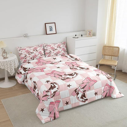 Feelyou Pink Western Bedding Set Cowgirl Cowboy Boots Comforter Set for Kids Boys Girls Teens Room Decor Cute Bowknot Dreamy Princess Style Comforter King Size Plaid Duvet Set 3Pcs