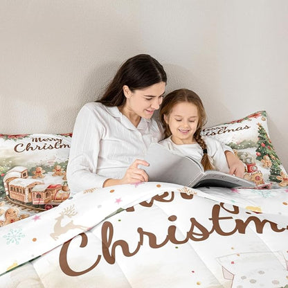 Christmas Train Bedding Sets Twin Size,Gingerbread Men Comforter Set 2Pcs for Kids Girls Boys Women Room Decor,Xmas Tree Quilted Duvet Merry Christmas Down Comforter,1 Pillowcase
