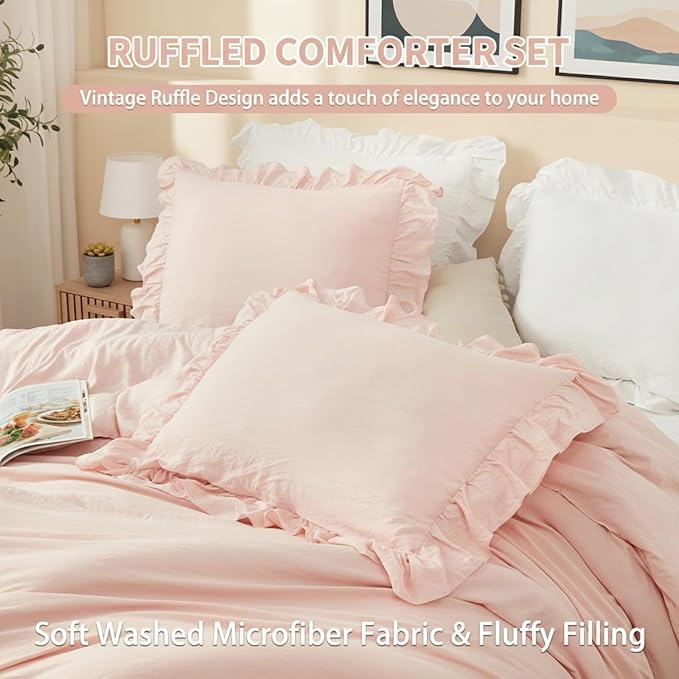 CAROMIO Pink Ruffled Fulll Size Comforter Set, 3PCS Soft Washed Microfiber Lightweight & Fluffy All-Season Bedding Comforter with Vintage French Country Style, Pink, 79x90 in