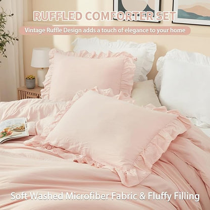 CAROMIO Pink Ruffled Twin Comforter Set, 2PCS Soft Washed Microfiber Lightweight & Fluffy All-Season Bedding Comforter with Vintage French Country Style, Pink, 68x90 in