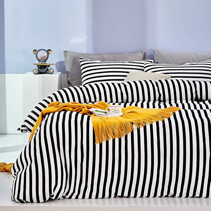 CLOTHKNOW Striped Twin/Twin XL Comforter Set Black and White Bedding Comforter Sets Farmhouse Comforter Soft Ticking Bedding