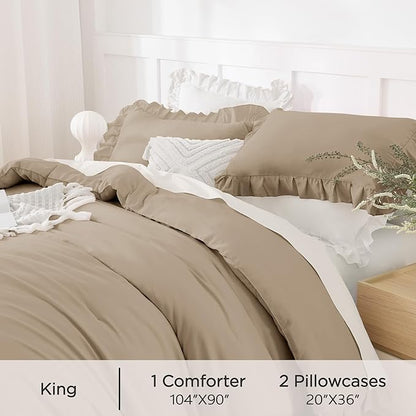 Andency Taupe King Comforter Set(104x90Inch), 3 Pieces(1 Ruffle Comforter and 2 Pillowcases) Lightweight and Fluffy Bedding Comforter Set, All Season Soft Microfiber Shabby Chic Bedding Set