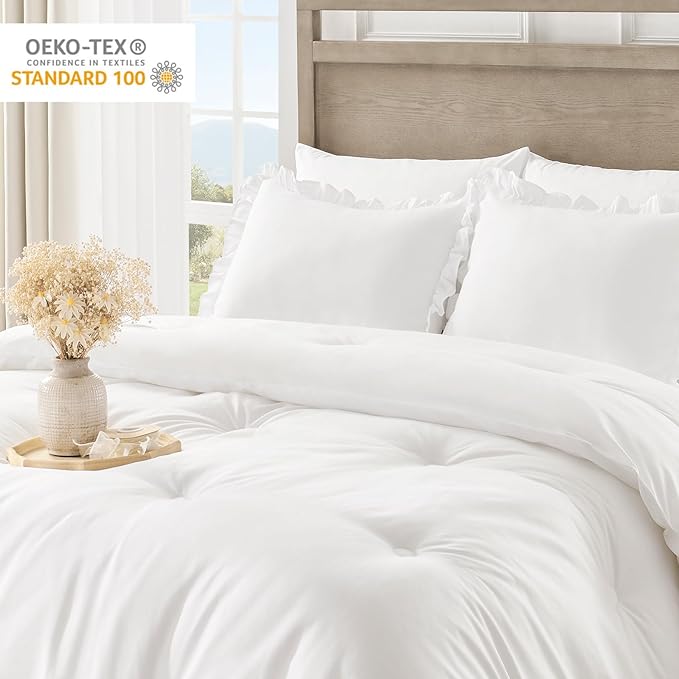 QUIETSEA Full Bed in a Bag 7 Pieces Full Size Comforter Set, Ruffle Shabby Chic Bedding Comforter Set White Bed Set with Comforter, Pillowcases, Flat Sheet, Fitted Sheet and Pillow Shams