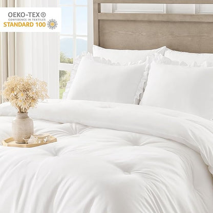 QUIETSEA King Size Bed in a Bag 7 Pieces King Size Comforter Set, Ruffle Shabby Chic Bedding Comforter Set White Bed Set with Comforter, Pillowcases, Flat Sheet, Fitted Sheet and Pillow Shams