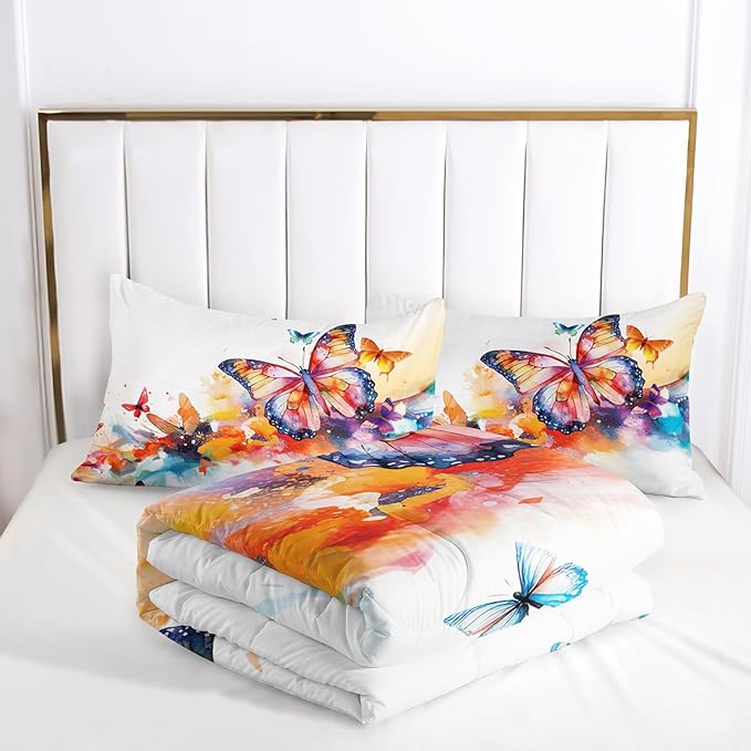 Colorful Butterfly Comforter Sets Queen，Bedding Sets for Kids，Watercolor Butterfly Comforter Sets All Season 1 Comforter and 2 Pillowcases