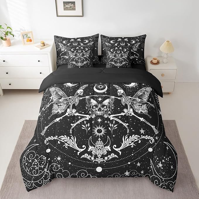 Feelyou Sugar Skull Bedding Set with Comforter, Gothic Skull Comforter Twin Size 7Pcs Halloween Themed Bed in a Bag with Comforter, Boho Death Moth Flat Sheet, Fitted Sheet, Pillowcases Room Decor