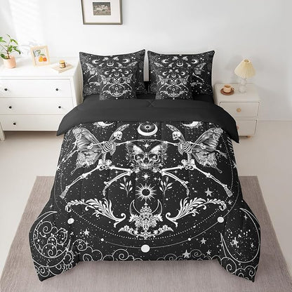 Feelyou Sugar Skull Bedding Set with Comforter, Gothic Skull Comforter Twin Size 7Pcs Halloween Themed Bed in a Bag with Comforter, Boho Death Moth Flat Sheet, Fitted Sheet, Pillowcases Room Decor
