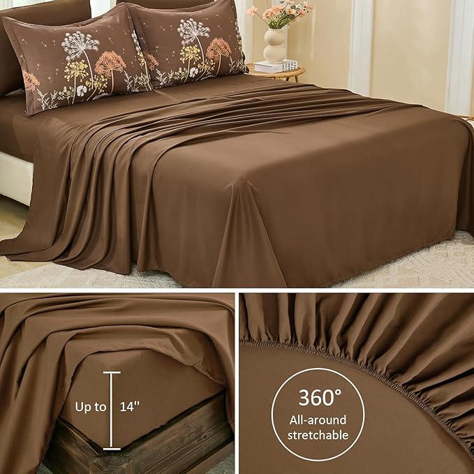 Yiran Brown Comforter Set King Size, 7 Piece Floral Dandelion Comforter Bedding Set, Botanical Bed in a Bag King, Soft Microfiber Complete Bedding Set with Sheets for All Season