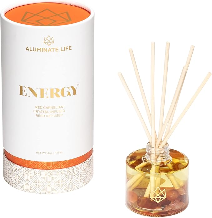Crystal Infused Reed Diffuser, 4 OZ, Energy - Red Carnelian Crystal Infused - Scents of Lemon, Grapefruit, & Bergamot - Home Decor, House Warming, Room, Stick Perfume, Coffee Table
