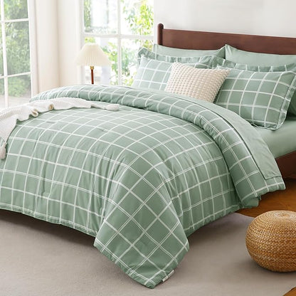 CozyLux King Size Comforter Set Sage Green - 7 Pieces Plaid Bed in a Bag Set, Soft Bed Set King Bedding Sets with All Season Quilted Comforter, Flat Sheet, Fitted Sheet, Pillowcases & Pillow Shams