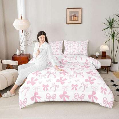 Erosebridal Pink Bow Bedding Set for Girls,Cute Kawaii Bowknot Comforter Set Queen Size for Kids Teen Women,Romantic Coquette Bow Bedding Comforter Sets Dreamy Princess Style Bed Set