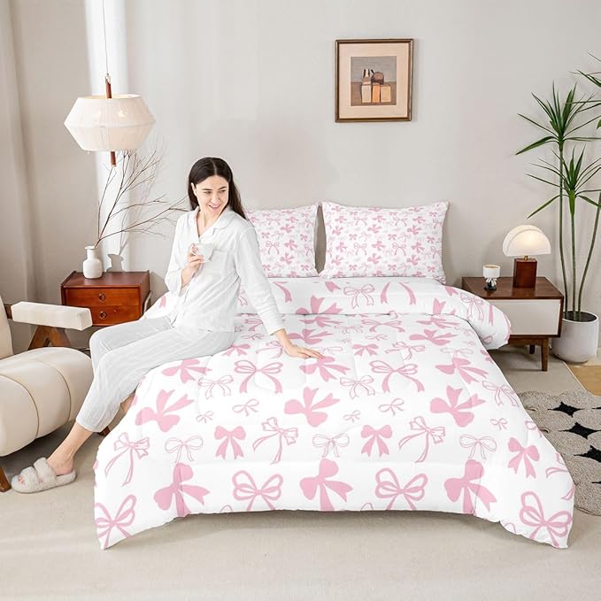 Erosebridal Pink Bow Bedding Set for Girls,Cute Kawaii Bowknot Comforter Set Full Size for Kids Teen Women,Romantic Coquette Bow Bedding Comforter Sets Dreamy Princess Style Bed Set