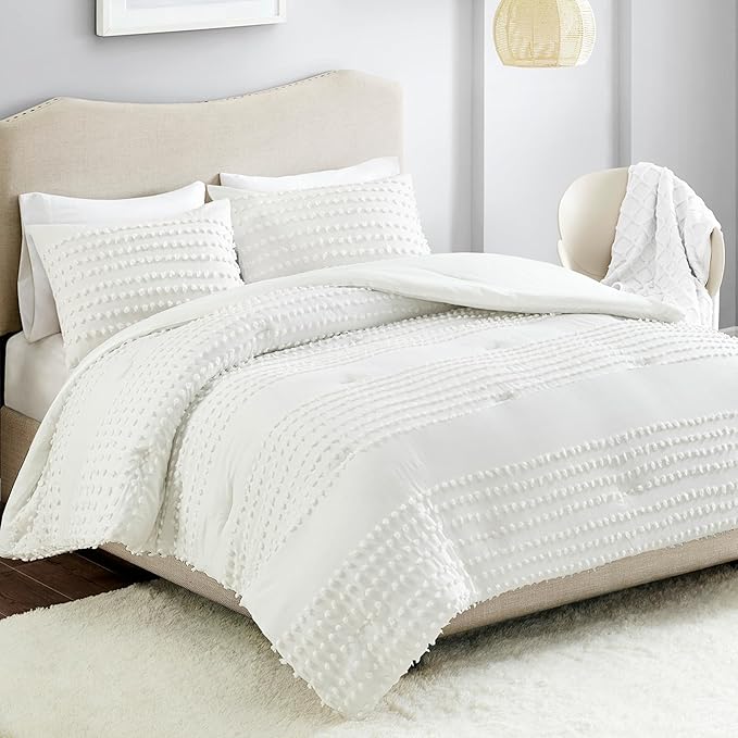 Comfort Spaces Cotton Comforter Set Jacquard Pom-Pom Tufts Design, Down Alternative, All Season Modern Bedding, Matching Shams, Full/Queen, Phillips, Ivory