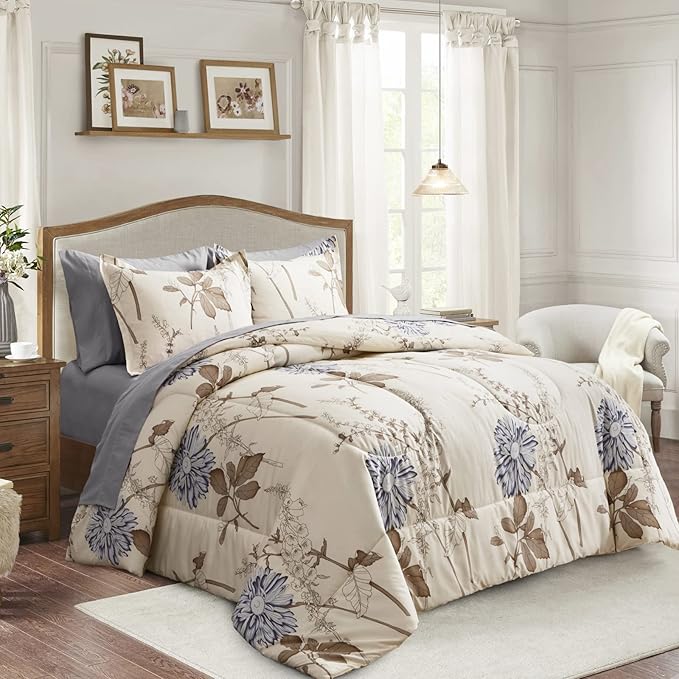 Joyreap 6 Piece Bed in a Bag Twin, Elegant Flower Botanical Smooth Soft Microfiber Floral Comforter Set for All Season (1 Comforter, 2 Pillow Shams, 1 Flat Sheet, 1 Fitted Sheet, 1 Pillowcase)
