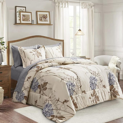 Joyreap 6 Piece Bed in a Bag Twin, Elegant Flower Botanical Smooth Soft Microfiber Floral Comforter Set for All Season (1 Comforter, 2 Pillow Shams, 1 Flat Sheet, 1 Fitted Sheet, 1 Pillowcase)