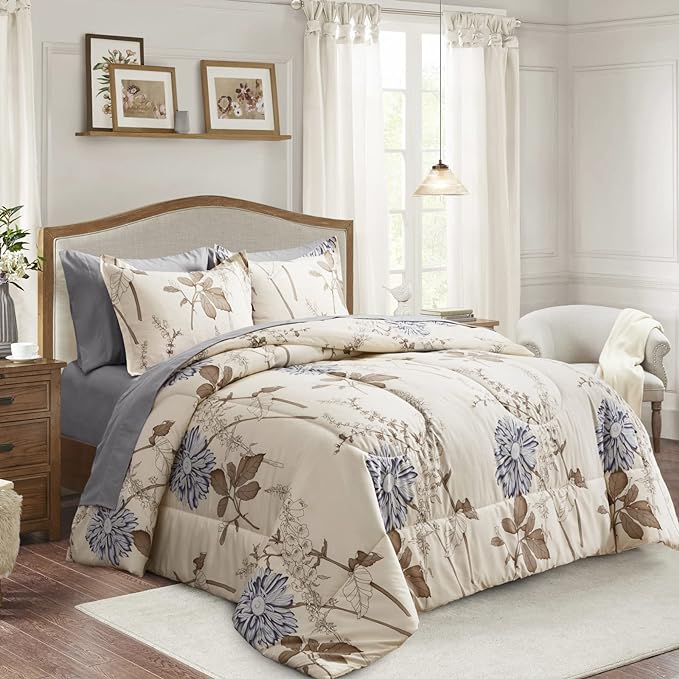 Joyreap 7 Piece Bed in a Bag King, Elegant Flower Botanical Smooth Soft Microfiber Floral Comforter Set for All Season (1 Comforter, 2 Pillow Shams, 1 Flat Sheet, 1 Fitted Sheet, 2 Pillowcases)