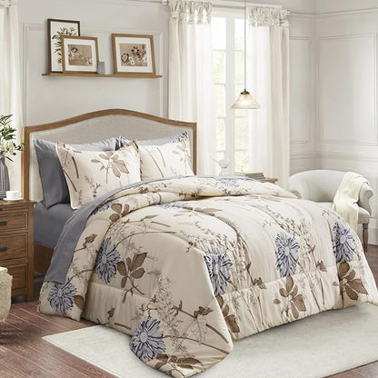 Joyreap 7 Piece Bed in a Bag King, Elegant Flower Botanical Smooth Soft Microfiber Floral Comforter Set for All Season (1 Comforter, 2 Pillow Shams, 1 Flat Sheet, 1 Fitted Sheet, 2 Pillowcases)